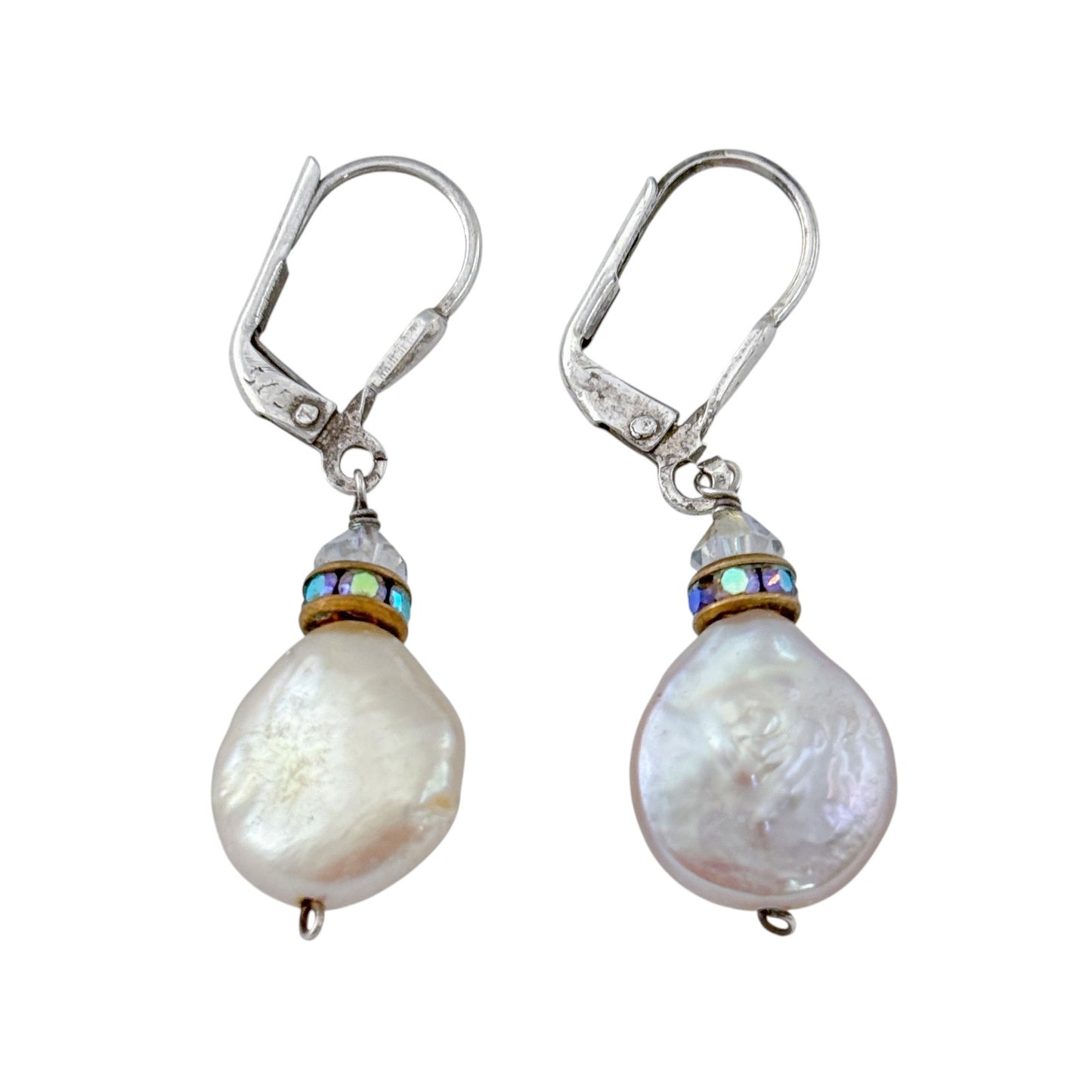 Vintage Sterling Silver 925 White Coin Pearl & Crystal Dangle Earrings