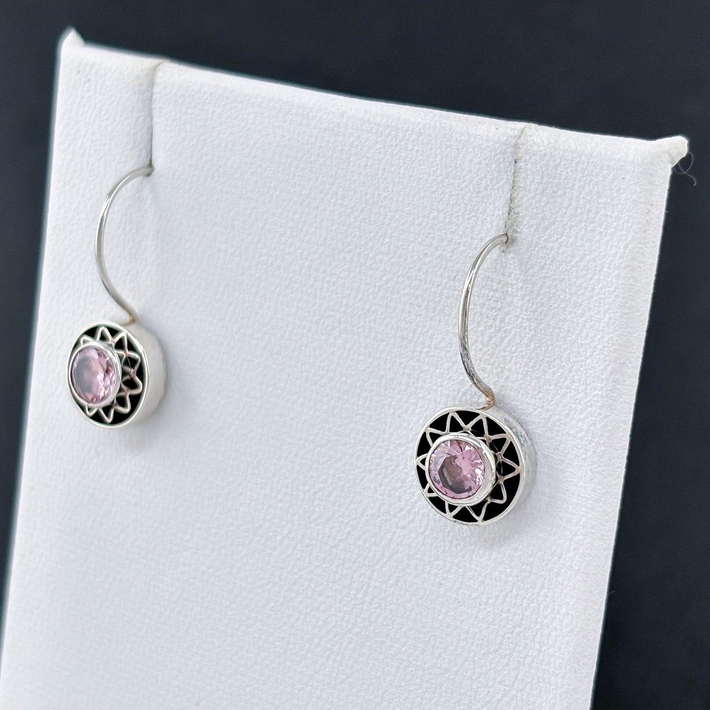 Estate Sterling Silver 925 Pink Cubic Zirconia Geometric Drop Earrings