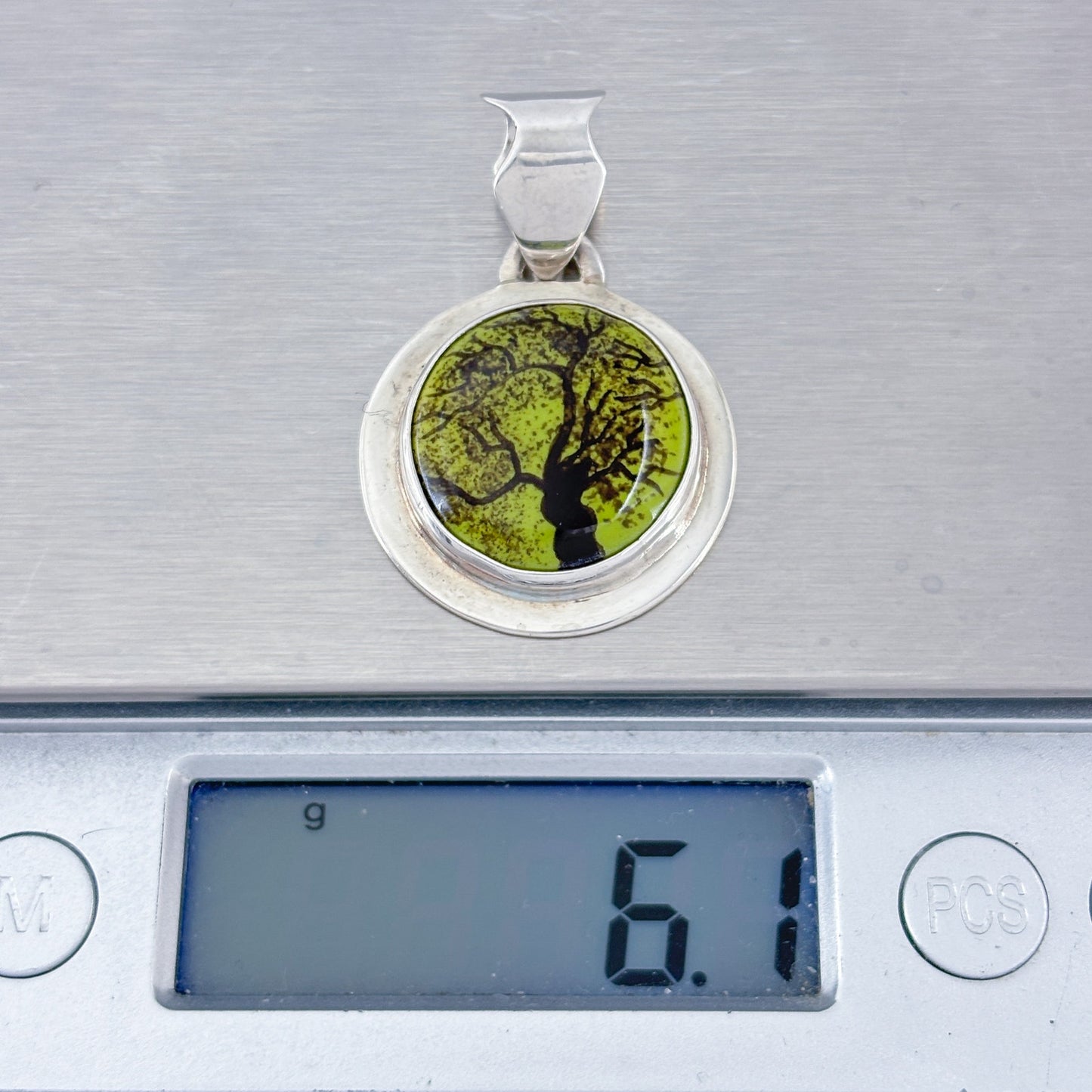 Vintage Sterling Silver 925 Green Fused Glass Tree Pendant