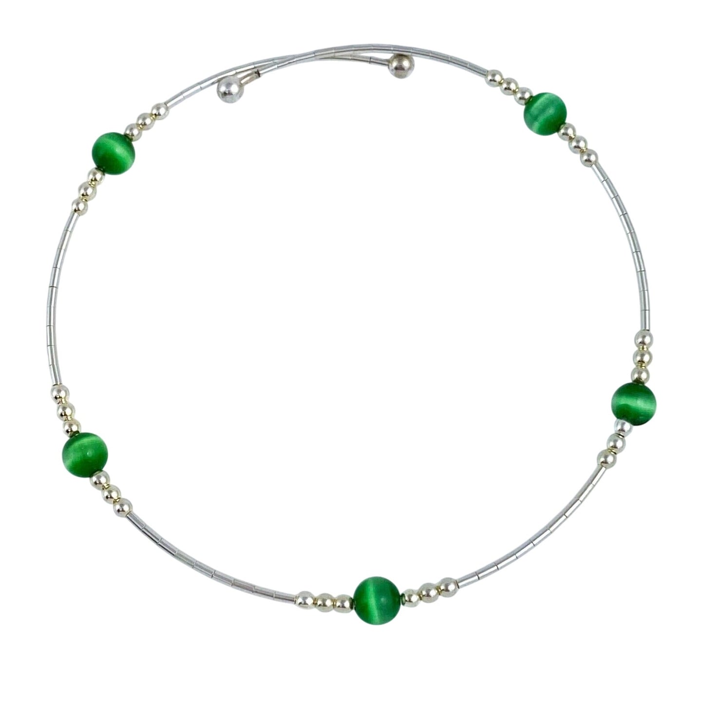 Vintage Sterling Silver 925 Green Cat’s Eye Memory Wire Bracelet 7.5"