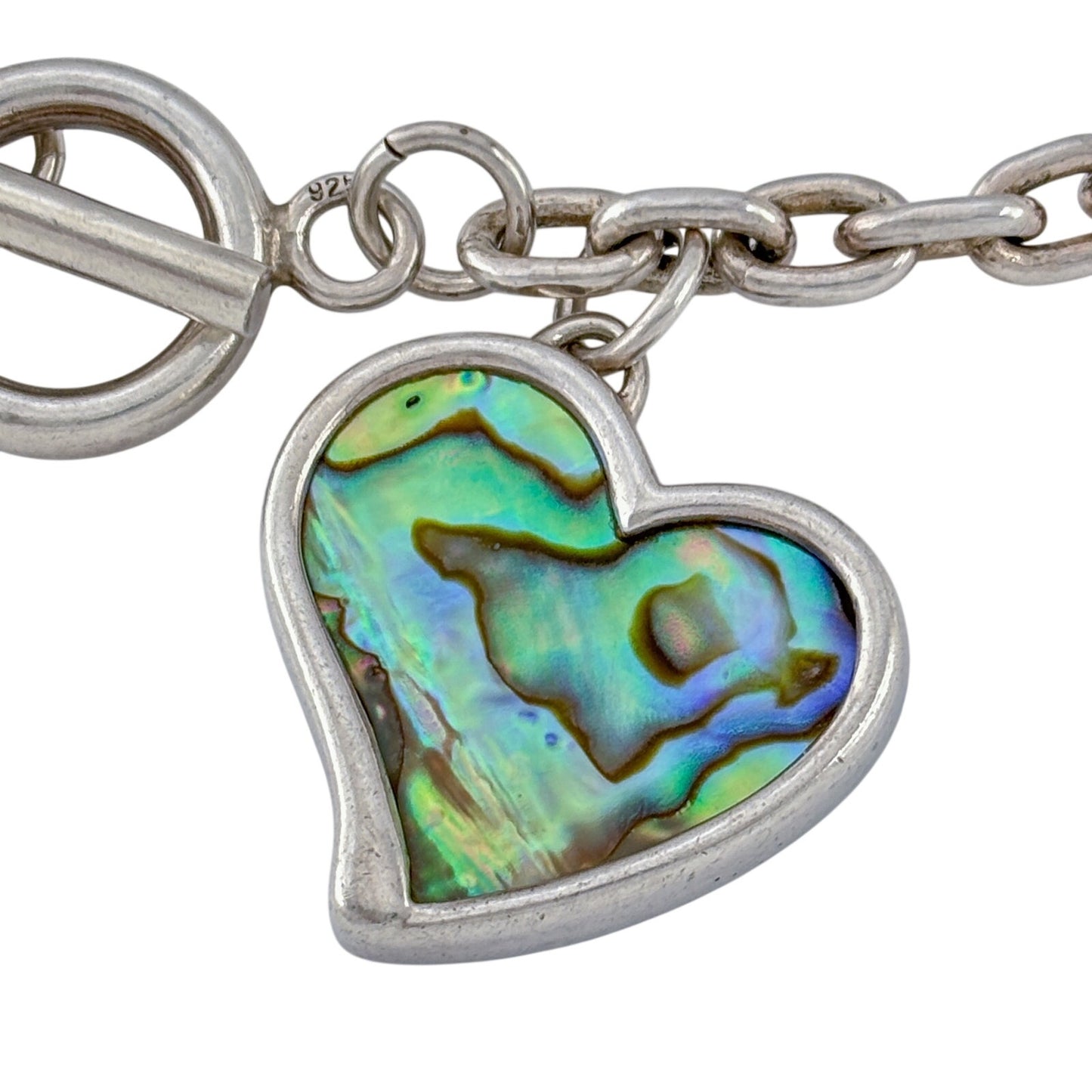 Vintage Sterling Silver 925 Abalone Heart Charm Bracelet 7"