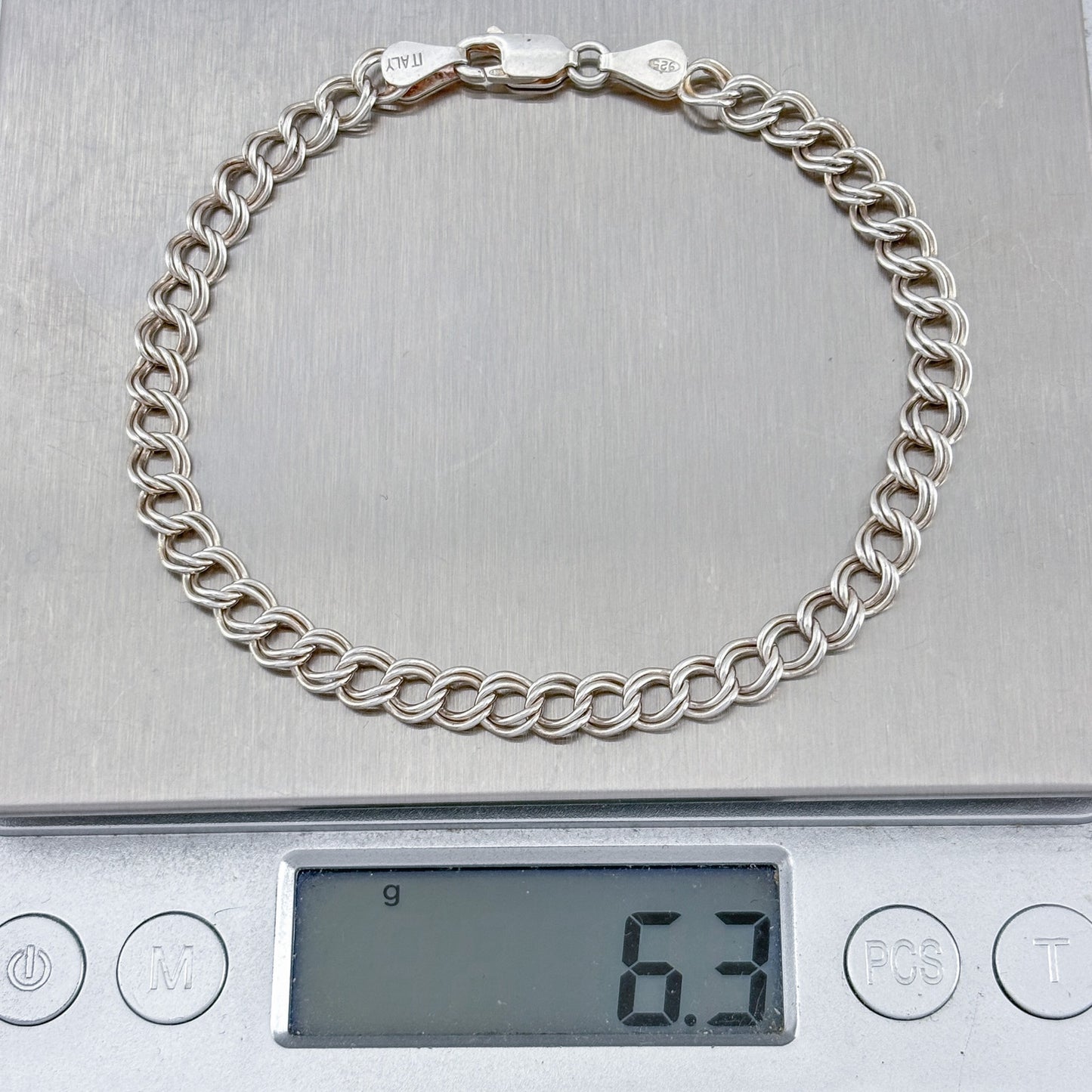 Vintage Sterling Silver 925 Italian Curb Double Link Chain Charm Bracelet 8"