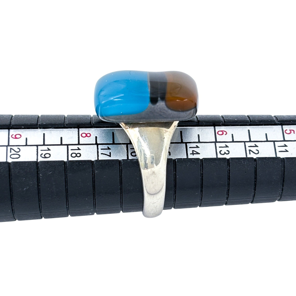 Vintage Sterling Silver 925 Blue Brown Fused Glass Ring Size 7