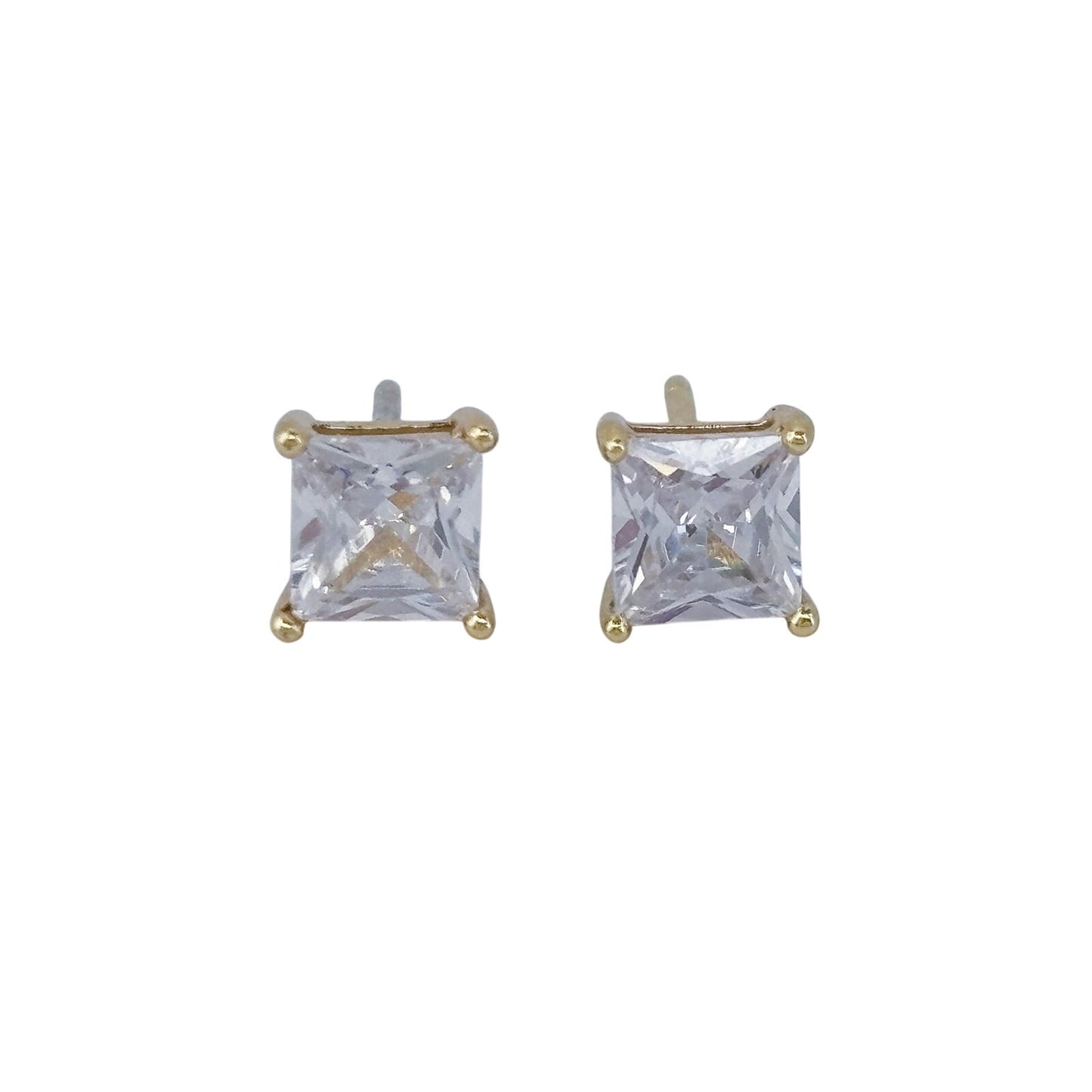 Vintage Gold-Tone Sterling Silver 925 Cubic Zirconia Square Stud Earrings