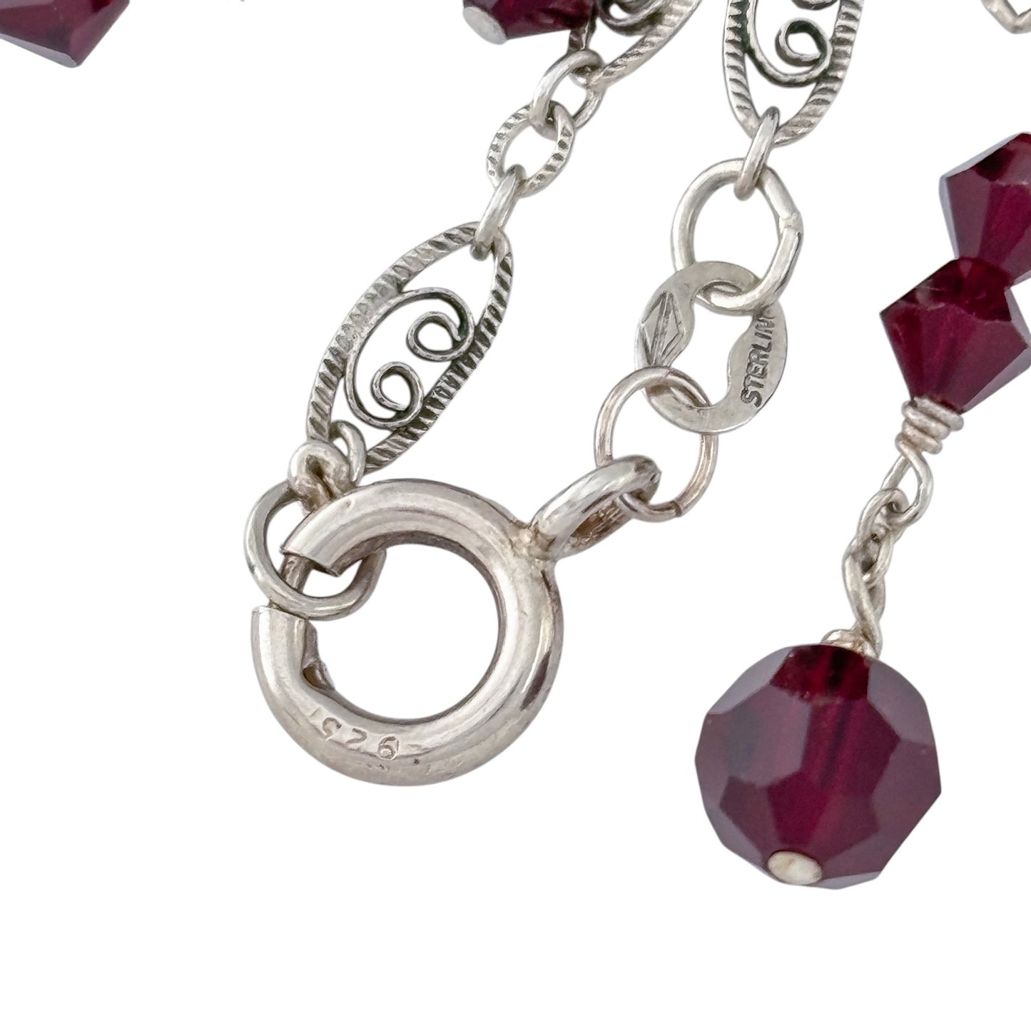 Vintage Sterling Silver 925 Red Crystal Drop Necklace 16.5"