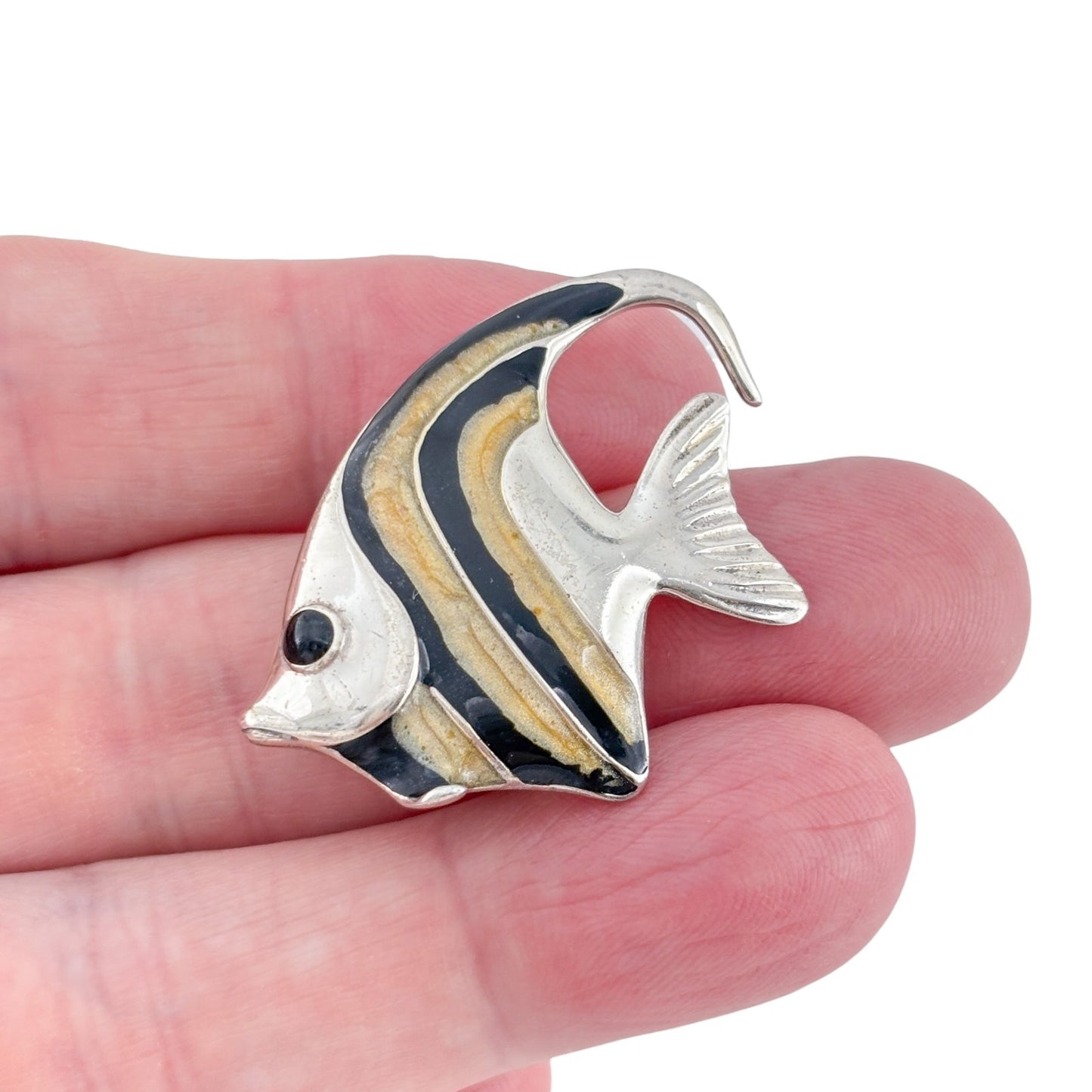 Vintage Sterling Silver 925 Enamel Fish Onyx Eye Brooch