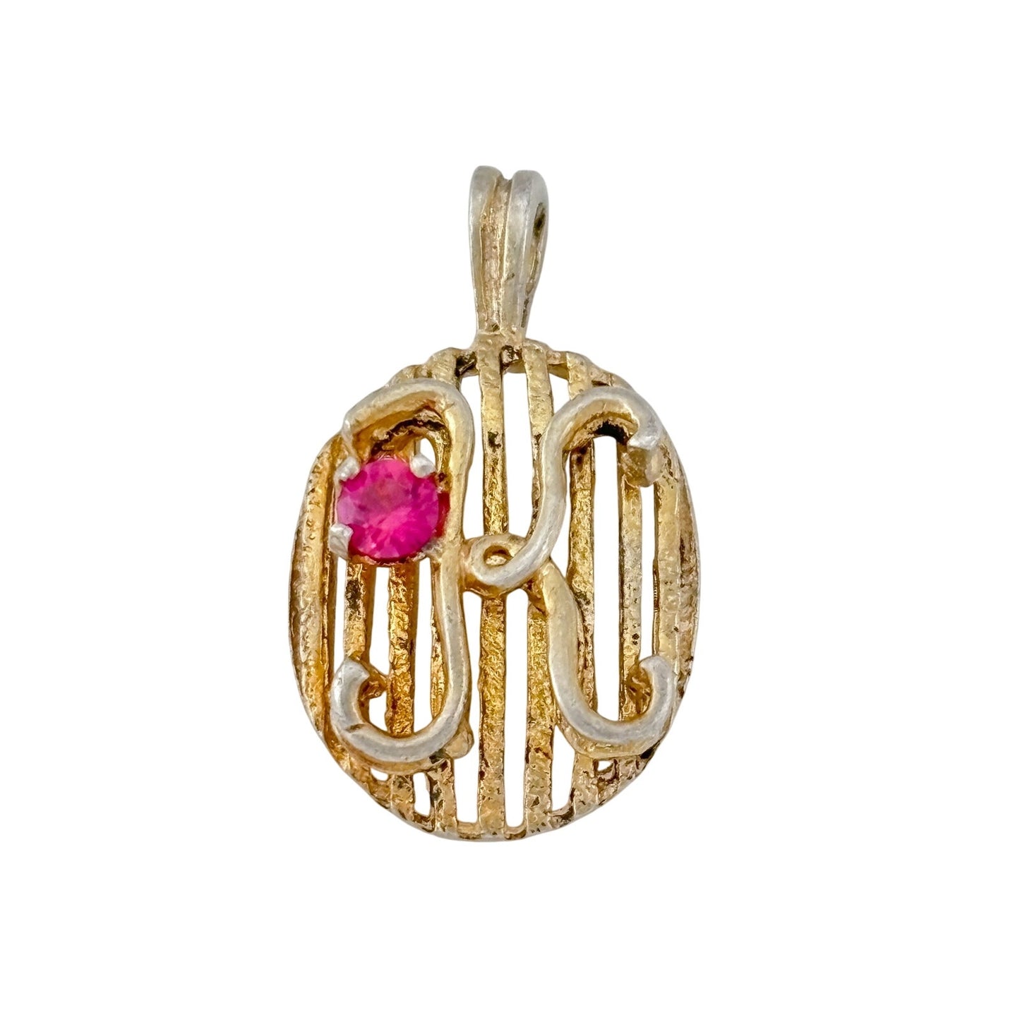 Vintage Sterling Silver 925 Simulated Ruby Monogram Pendant