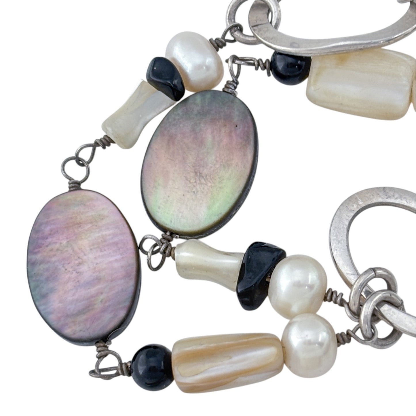 Vintage Sterling Silver 925 Abalone Pearl Onyx Necklace 17-19"