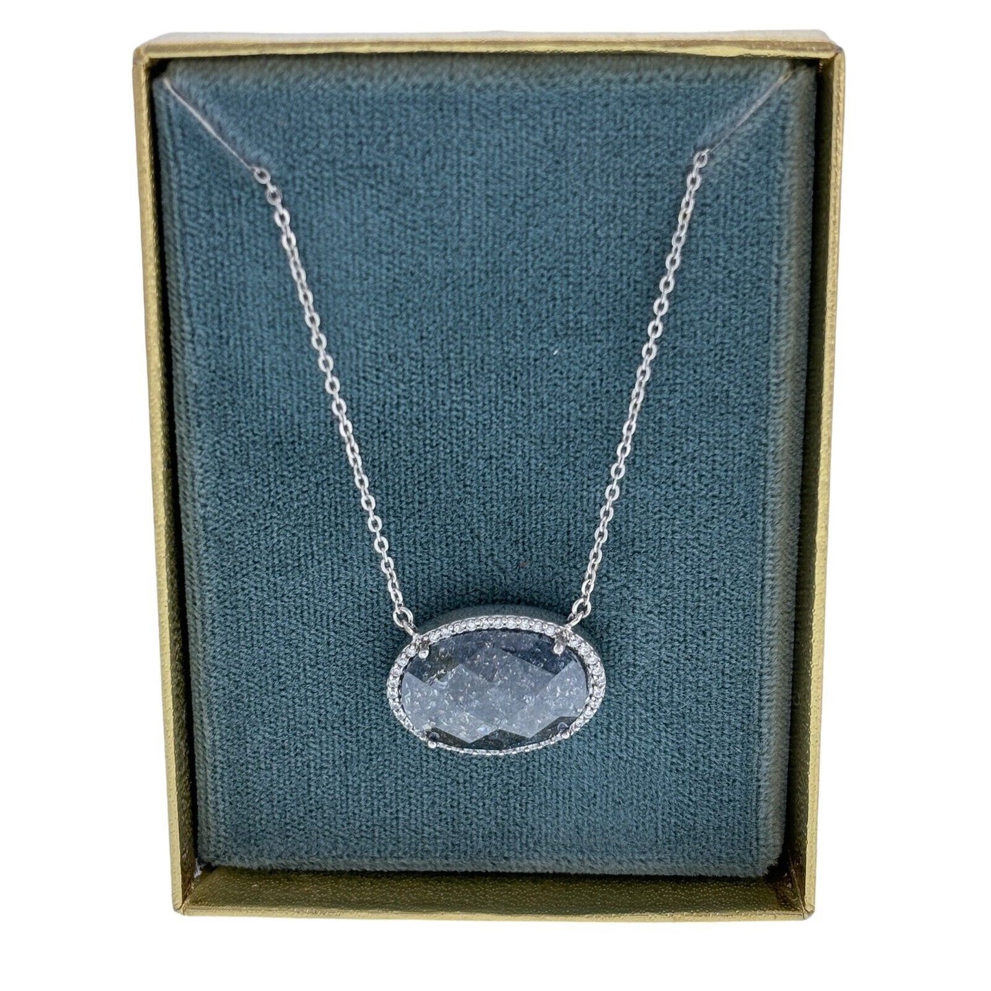 Vintage Sterling Silver 925 Dark Faceted Glass Pendant Necklace 15-17"