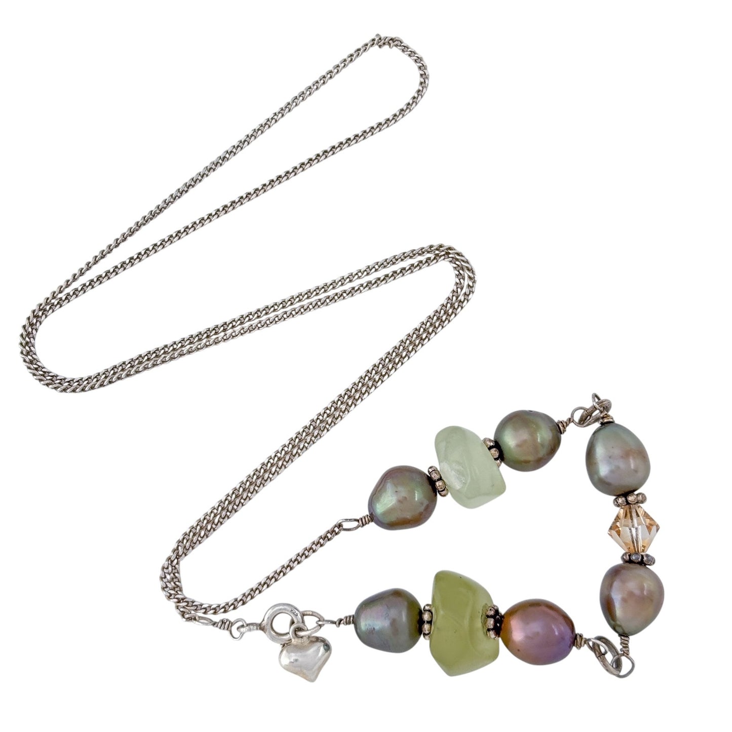 Vintage Sterling Silver Pearl Green Sea Glass Stone Long Necklace 21"