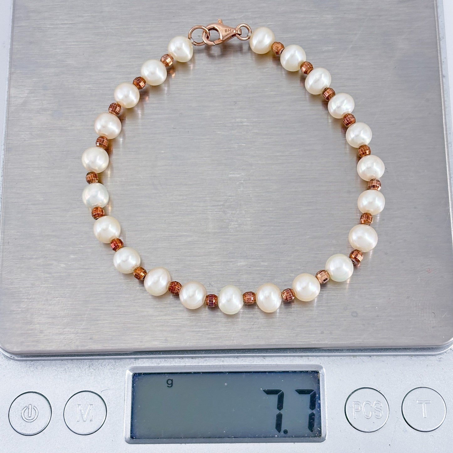 Vintage Rose Gold-Tone Sterling Silver 925 Pearl Bracelet 7.5"