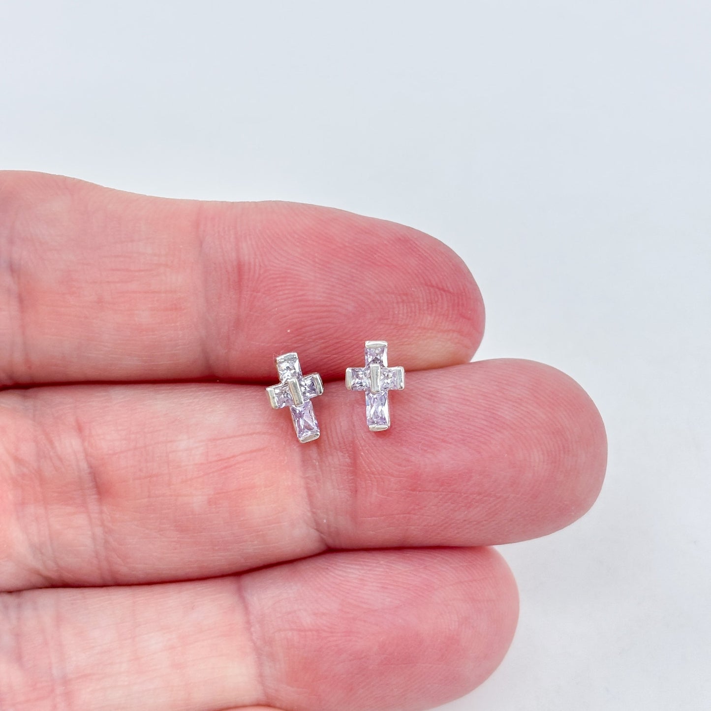 Vintage Sterling Silver 925 Cubic Zirconia Cross Stud Earrings