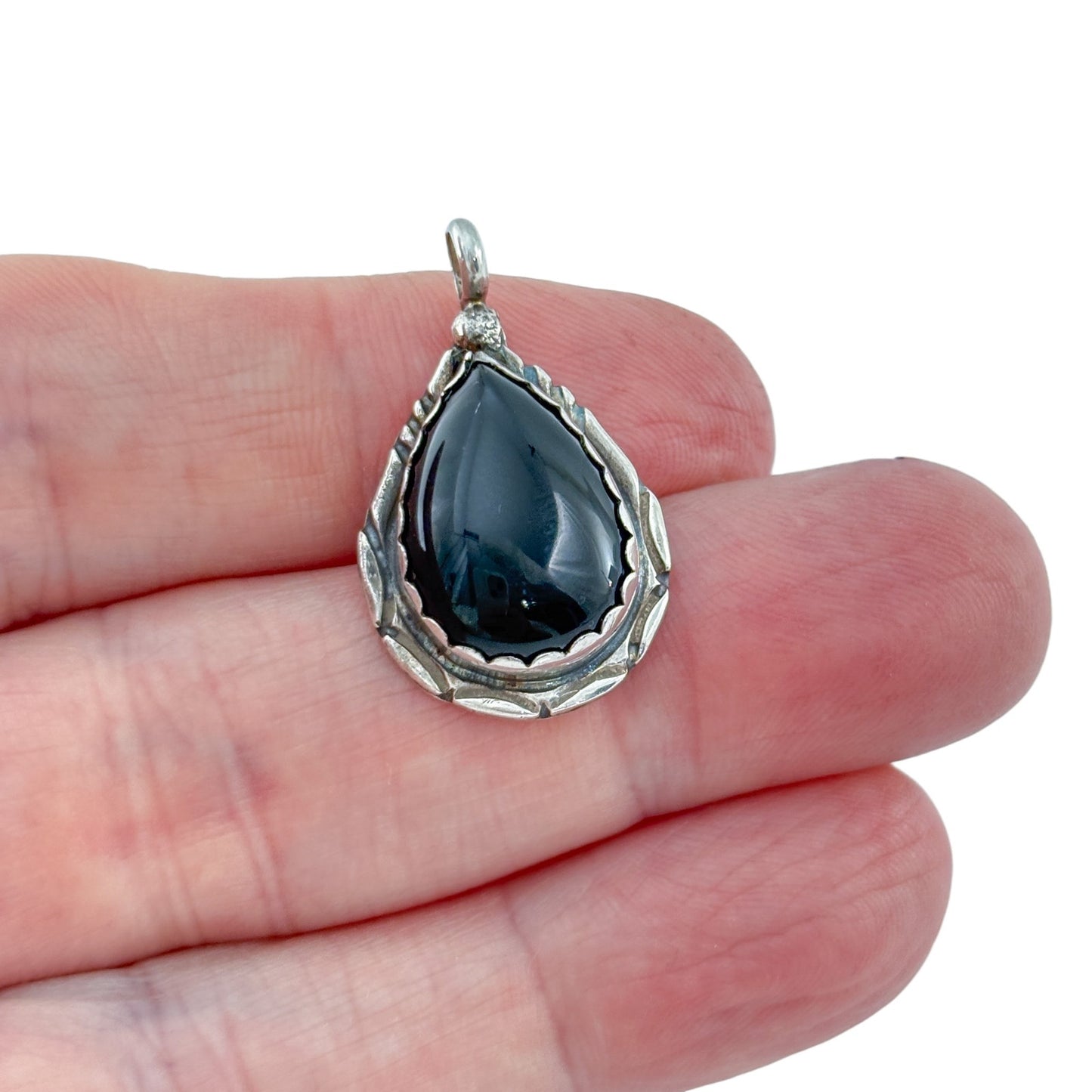 Vintage RB Sterling Silver 925 Black Onyx Teardrop Cabochon Pendant