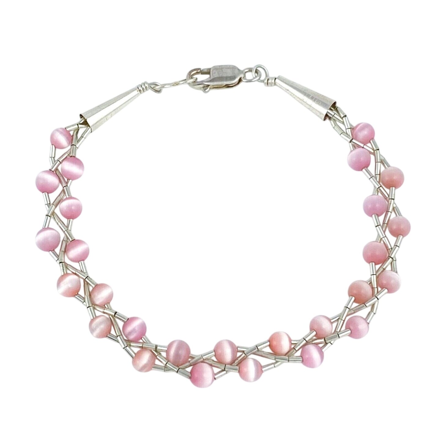 Vintage Sterling Silver 925 Pink Cat’s Eye Bracelet 7.25"