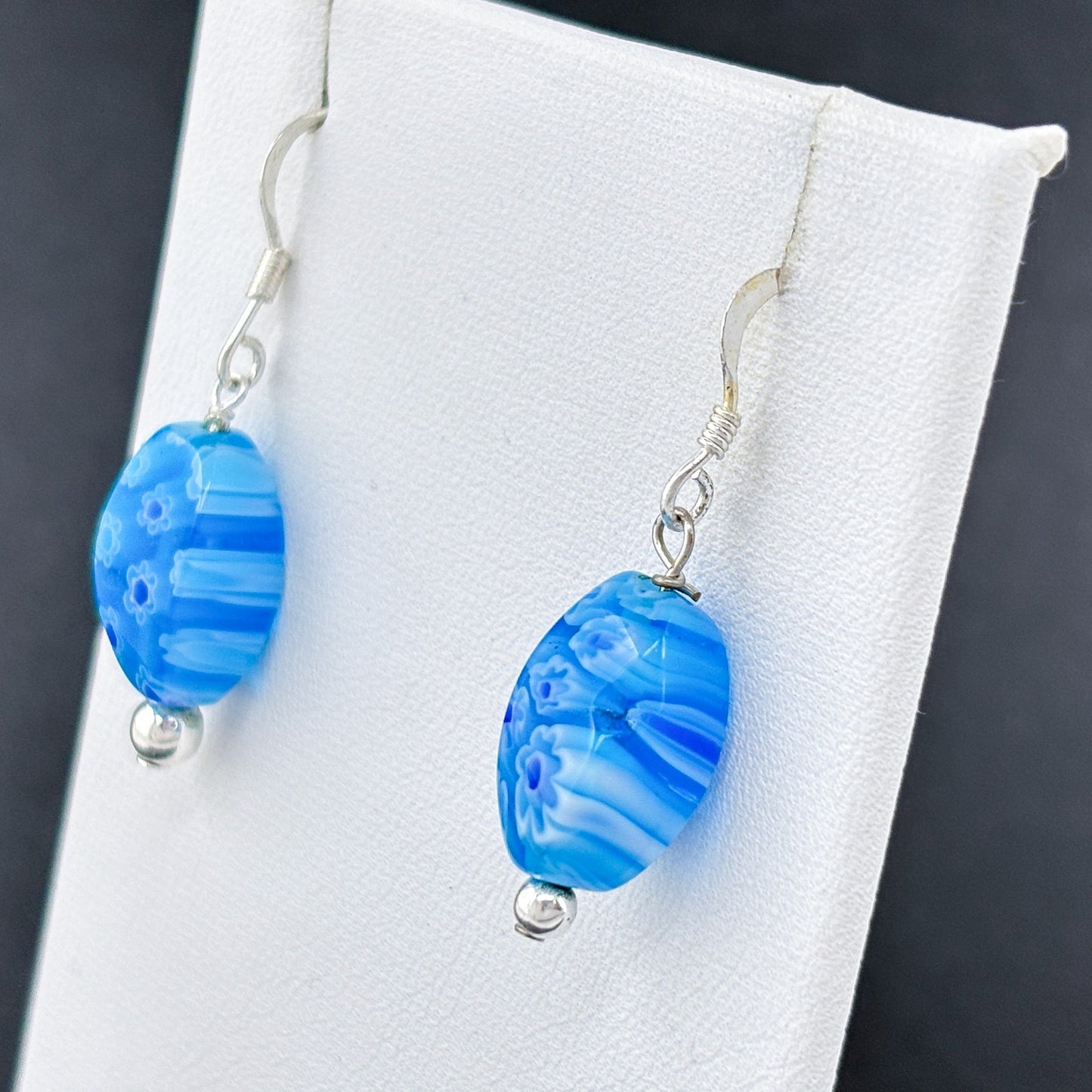 Estate Sterling Silver 925 Blue Millefiori Glass Bead Earrings