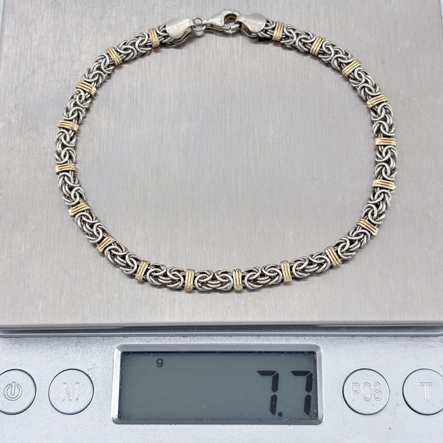 Vintage Sterling Silver 14K 925 Byzantine Gold Accent Bracelet 8"