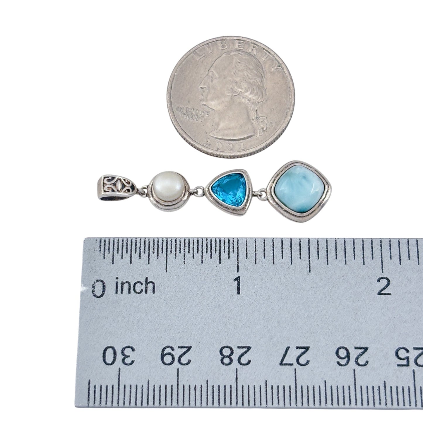 Vintage Sterling Silver 925 Pearl Larimar Cubic Zirconia Pendant