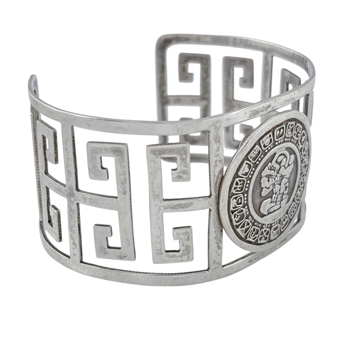Vintage Mexico Sterling Silver 925 Aztec Mayan Medallion Cuff Bracelet 7.5"