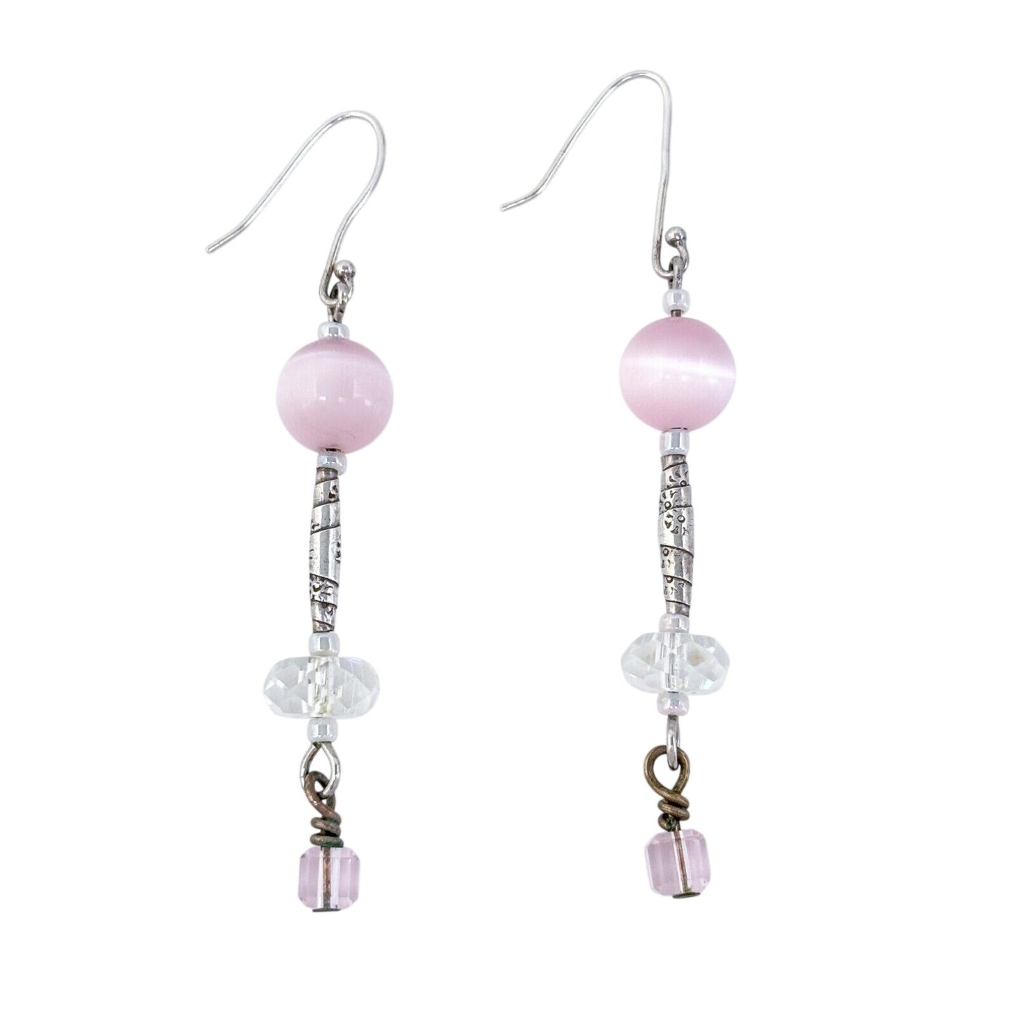 Vintage Silver-Tone Pink Beaded Dangle Earrings