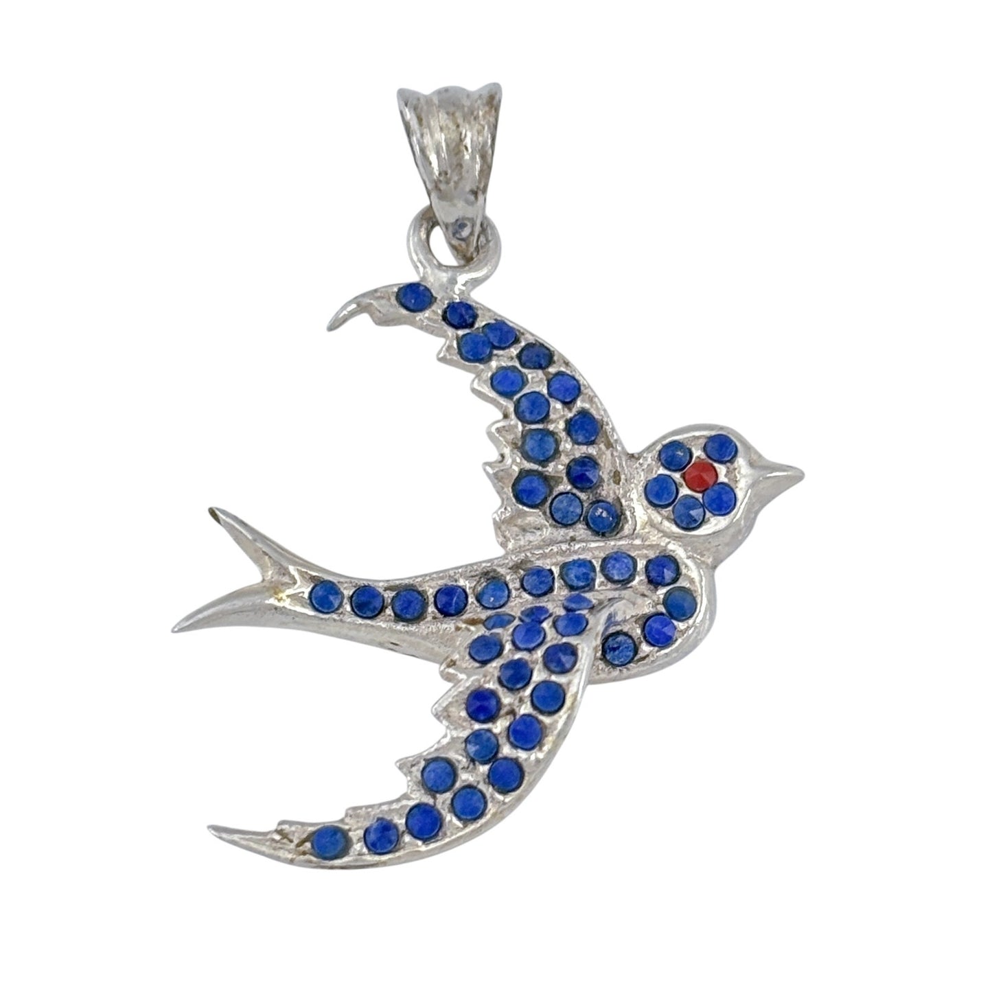 Vintage Sterling Silver 925 Blue Crystal Swallow Bird Pendant