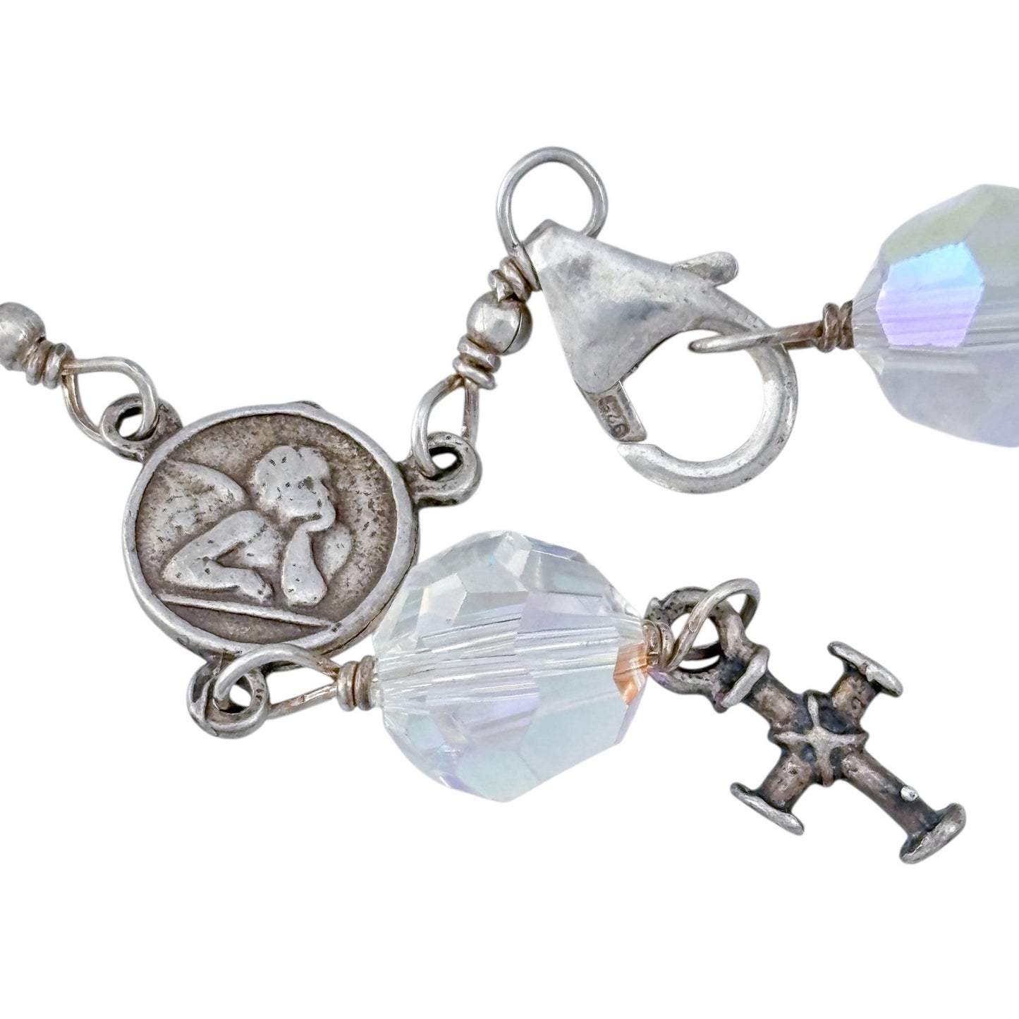Vintage Sterling Silver 925 Aurora Borealis AB Rosary Bracelet 7.25"