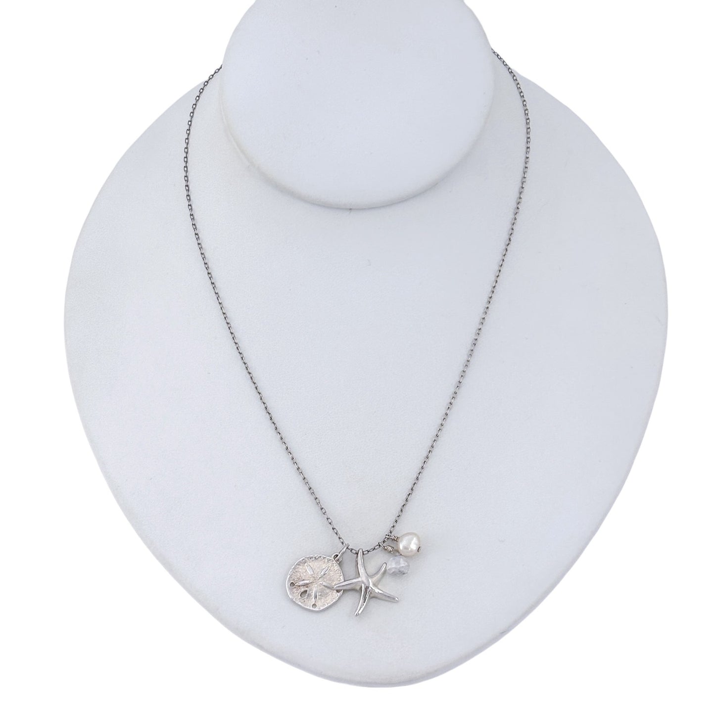 Vintage Sterling Silver 925 Sand Dollar Starfish Pearl Necklace 17.5"