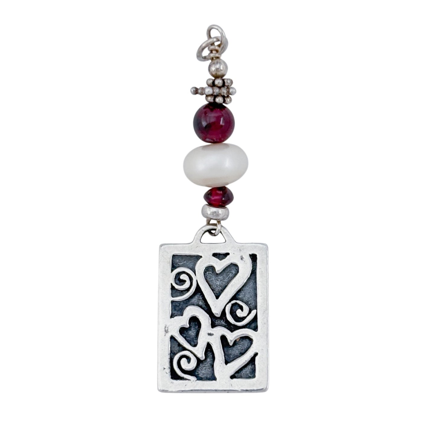 Vintage Sterling Silver 925 Garnet Pearl Hearts Pendant