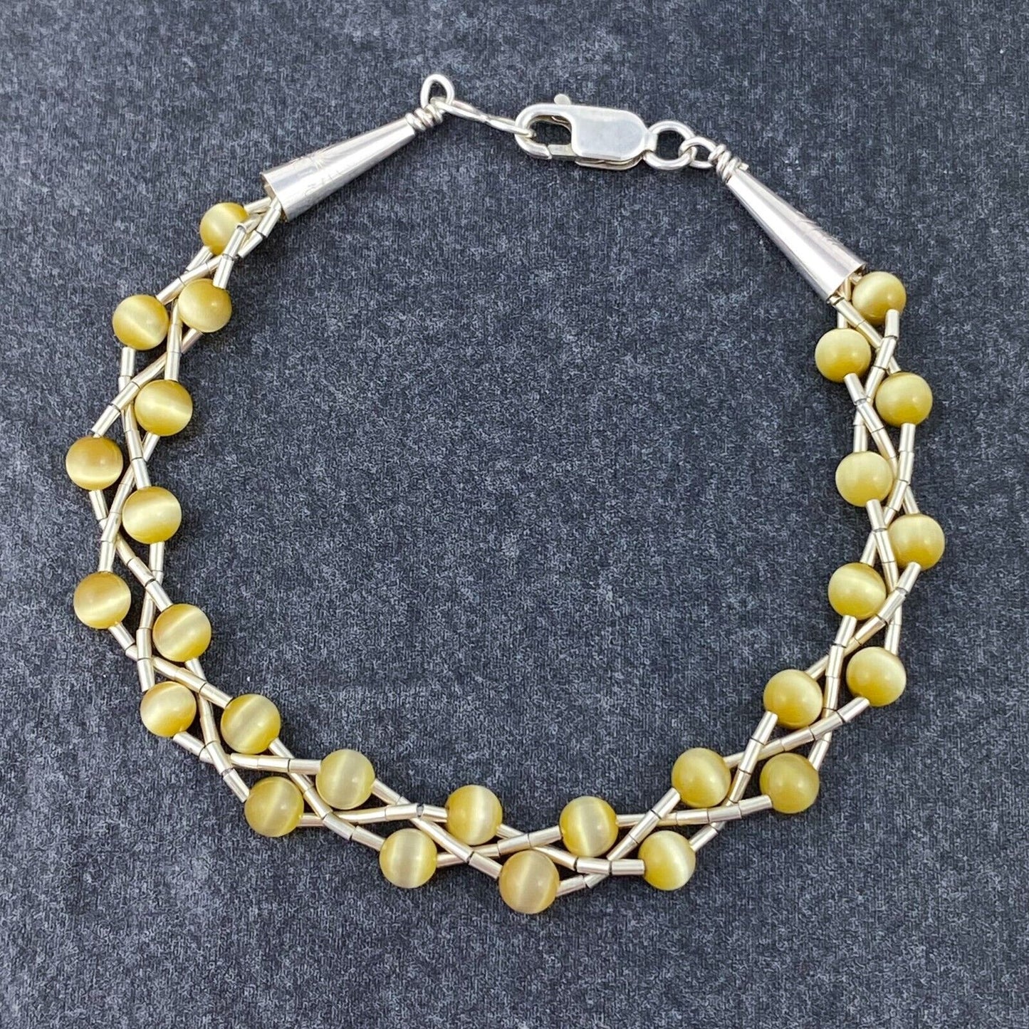 Vintage Sterling Silver 925 Gold Cat’s Eye Bracelet 7"
