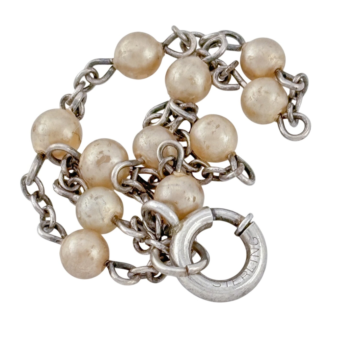Vintage Sterling Silver 925 Pearl Chain Bracelet 6.5"