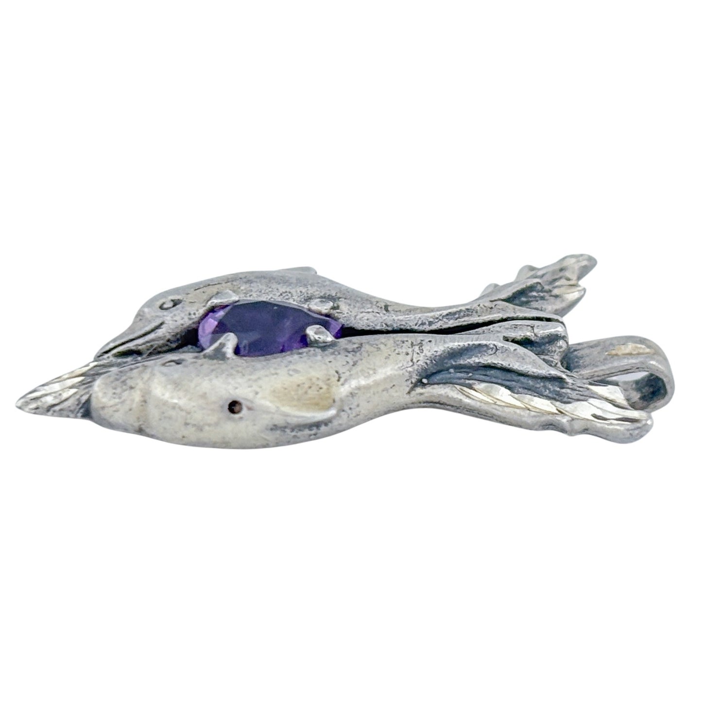 Vintage Sterling Silver 925 Amethyst Twin Dolphin Pendant