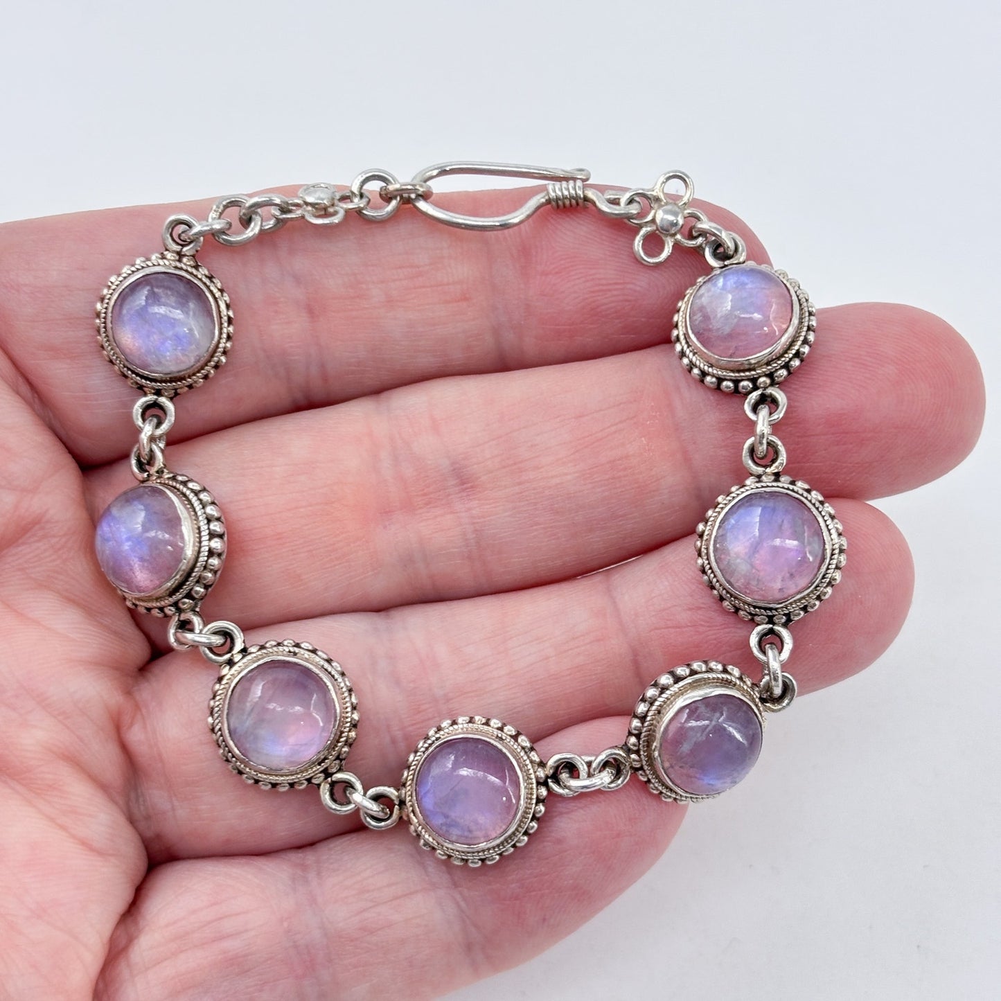 Vintage Sterling Silver 925 Pink Rainbow Moonstone Link Bracelet 7.5"