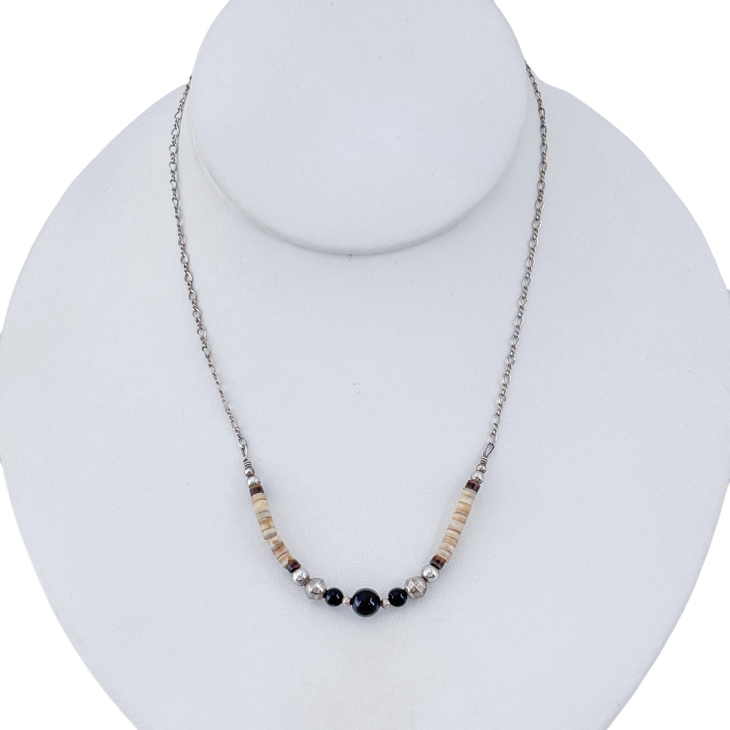 Vintage Sterling Silver 925 Onyx Shell Beaded Heishi Necklace 15.5"