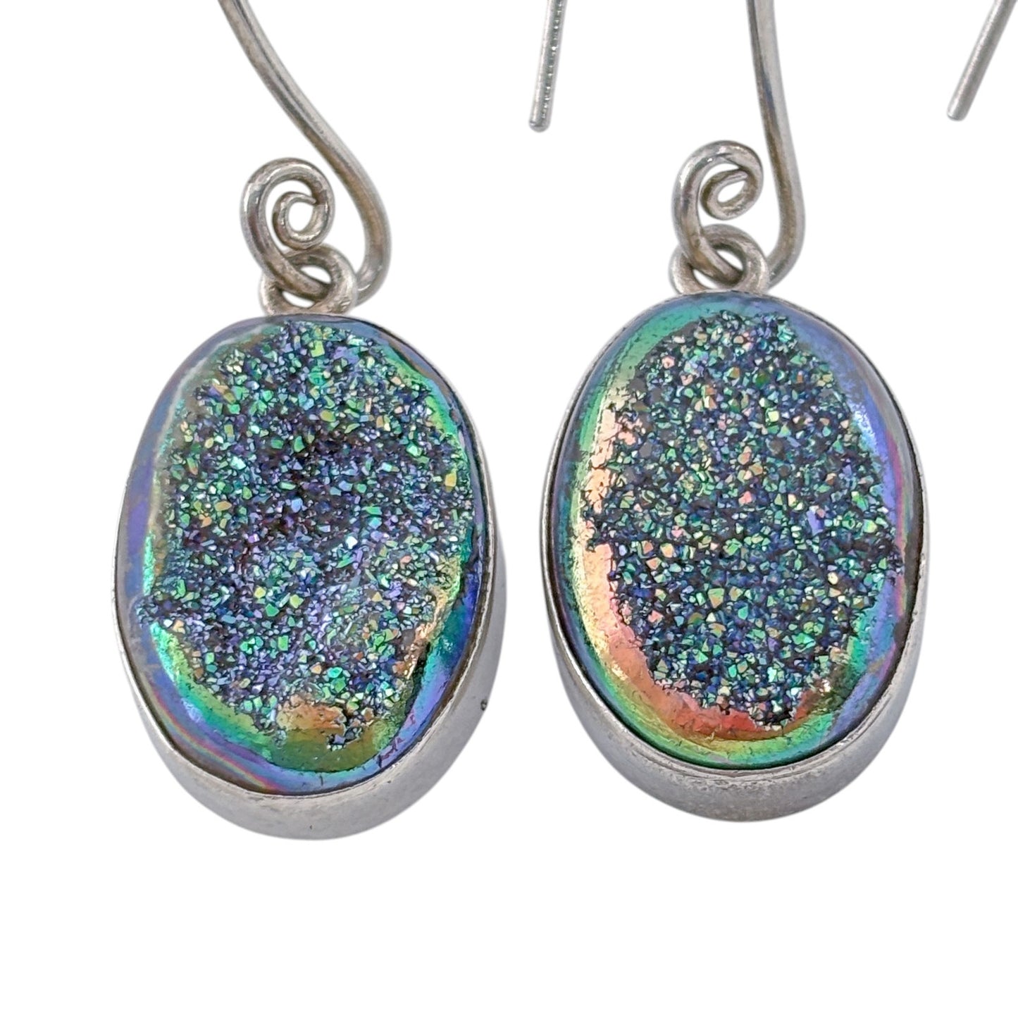 Vintage Sterling Silver 925 Blue Green Druzy Oval Earrings