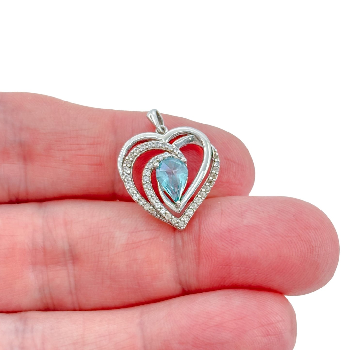 Vintage Sterling Silver 925 Blue Topaz Diamond Heart Pendant