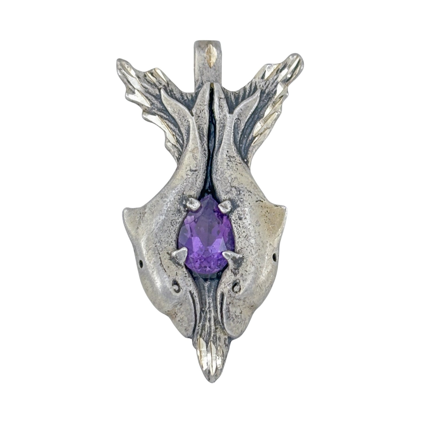 Vintage Sterling Silver 925 Amethyst Twin Dolphin Pendant