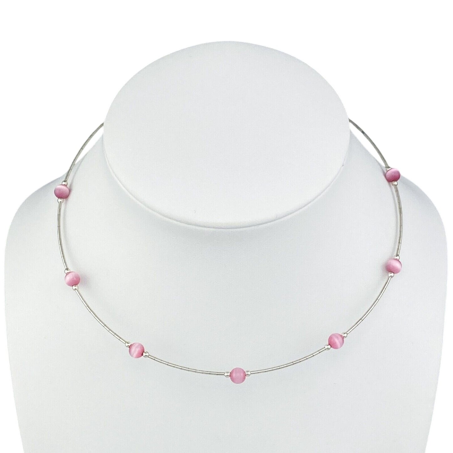 Vintage Sterling Silver 925 Pink Cat’s Eye Flexible Necklace 16"