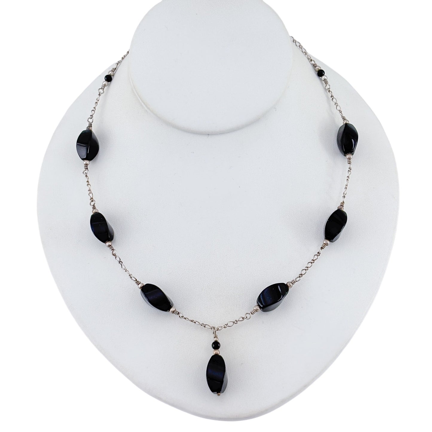 Vintage Sterling Silver Black Onyx Bead Necklace 18"