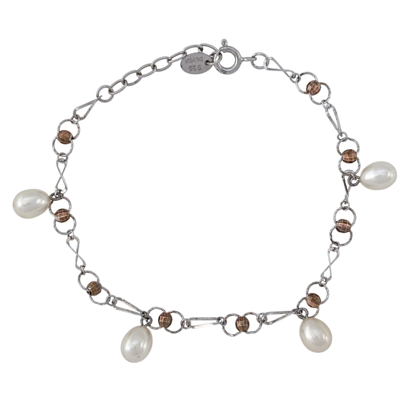 Vintage Sterling Silver 925 Pearl Charm Bracelet 6.5"-7.5"