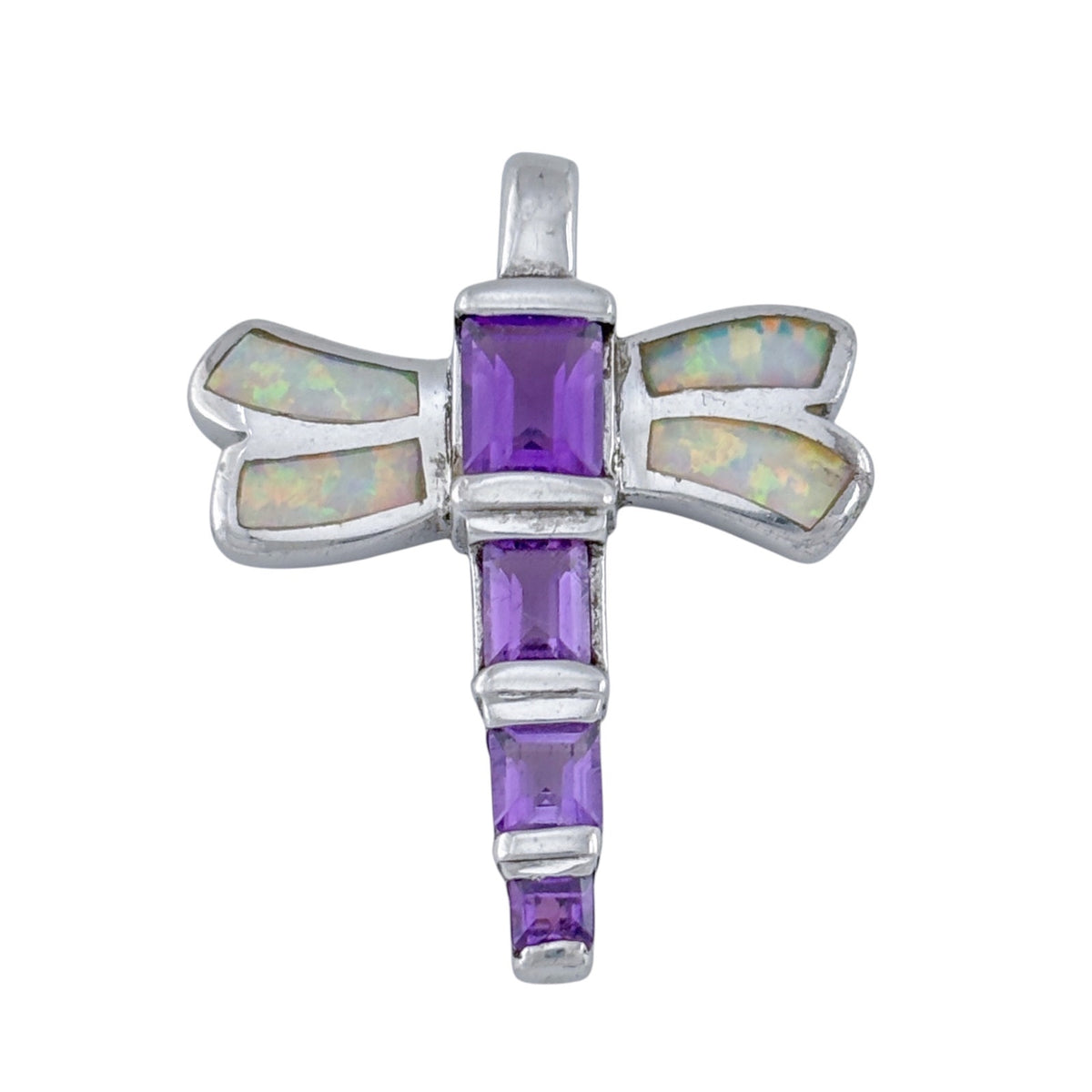 Vintage Sterling Silver 925 Opal & Amethyst Dragonfly Pendant