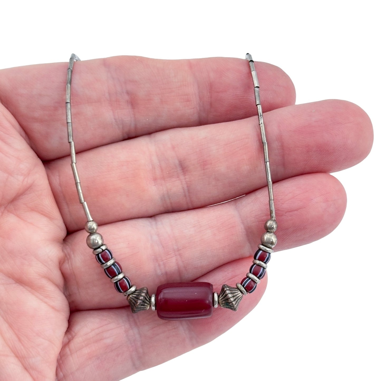Vintage Sterling Silver 925 Liquid Silver Red Glass Necklace 15"