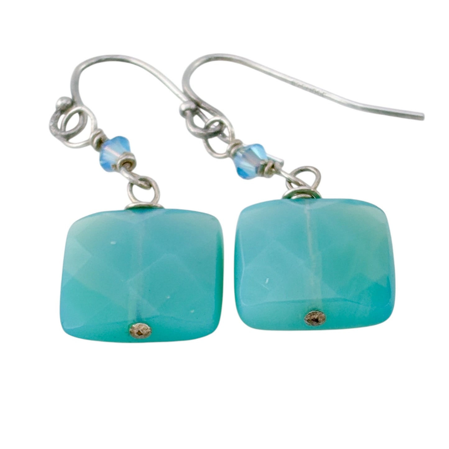 Vintage Sterling Silver 925 Crystal & Glass Square Bead Dangle Earrings