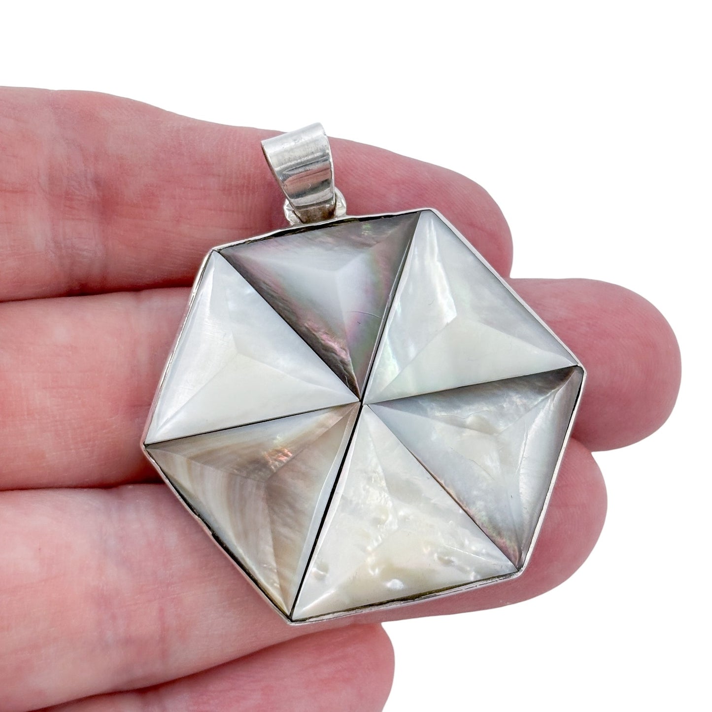 Vintage Sterling Silver 925 Mother of Pearl Hexagon Pendant