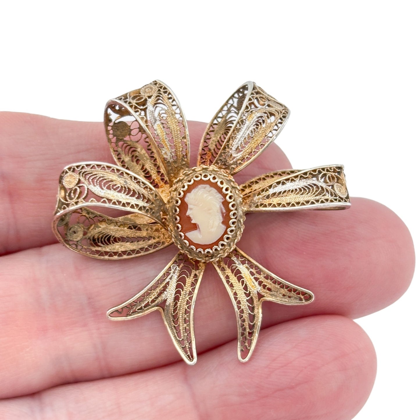 Vintage Vermeil Over Sterling Silver 800 Shell Cameo Filigree Bow Brooch