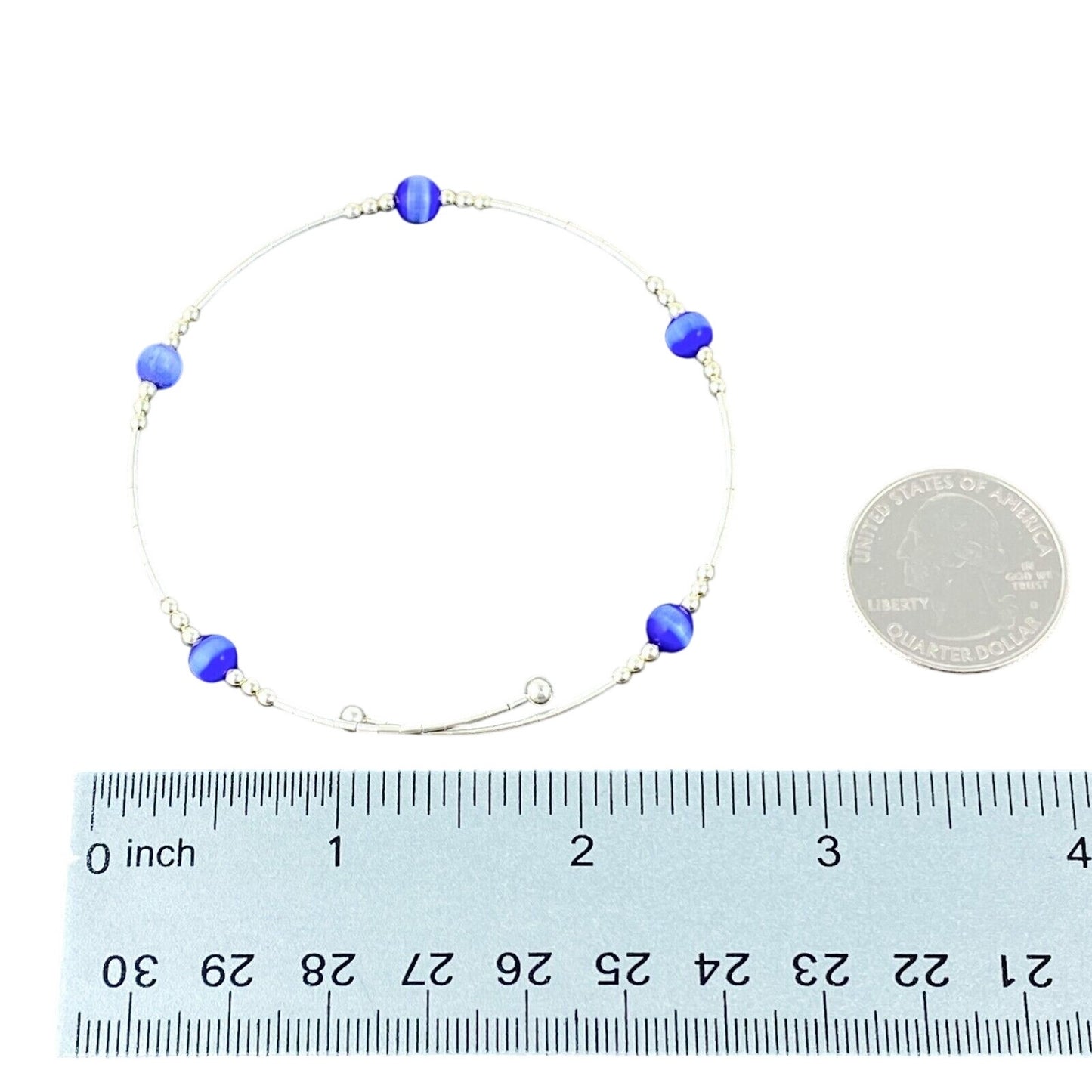 Vintage Sterling Silver 925 Blue Cat’s Eye Memory Wire Bracelet 7.5"
