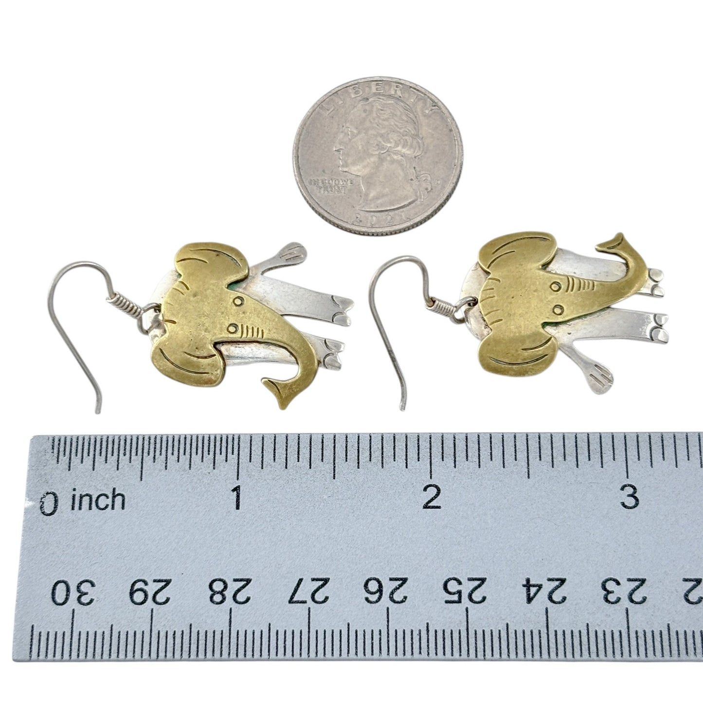 Vintage Mexico Taxco Sterling Silver 925 Brass Elephant Dangle Earrings