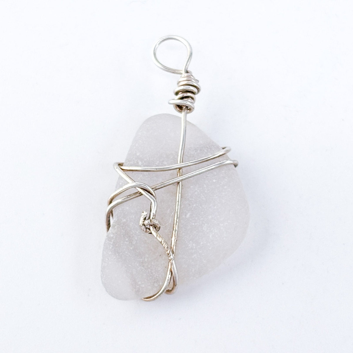 Vintage Silver Plated Frosted White Sea Glass Wire Wrapped Pendant