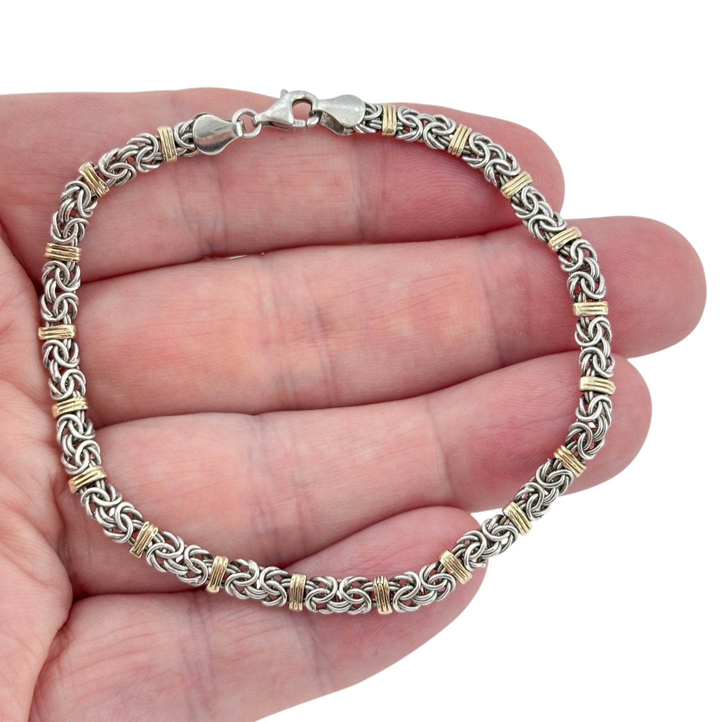 Vintage Sterling Silver 14K 925 Byzantine Gold Accent Bracelet 8"
