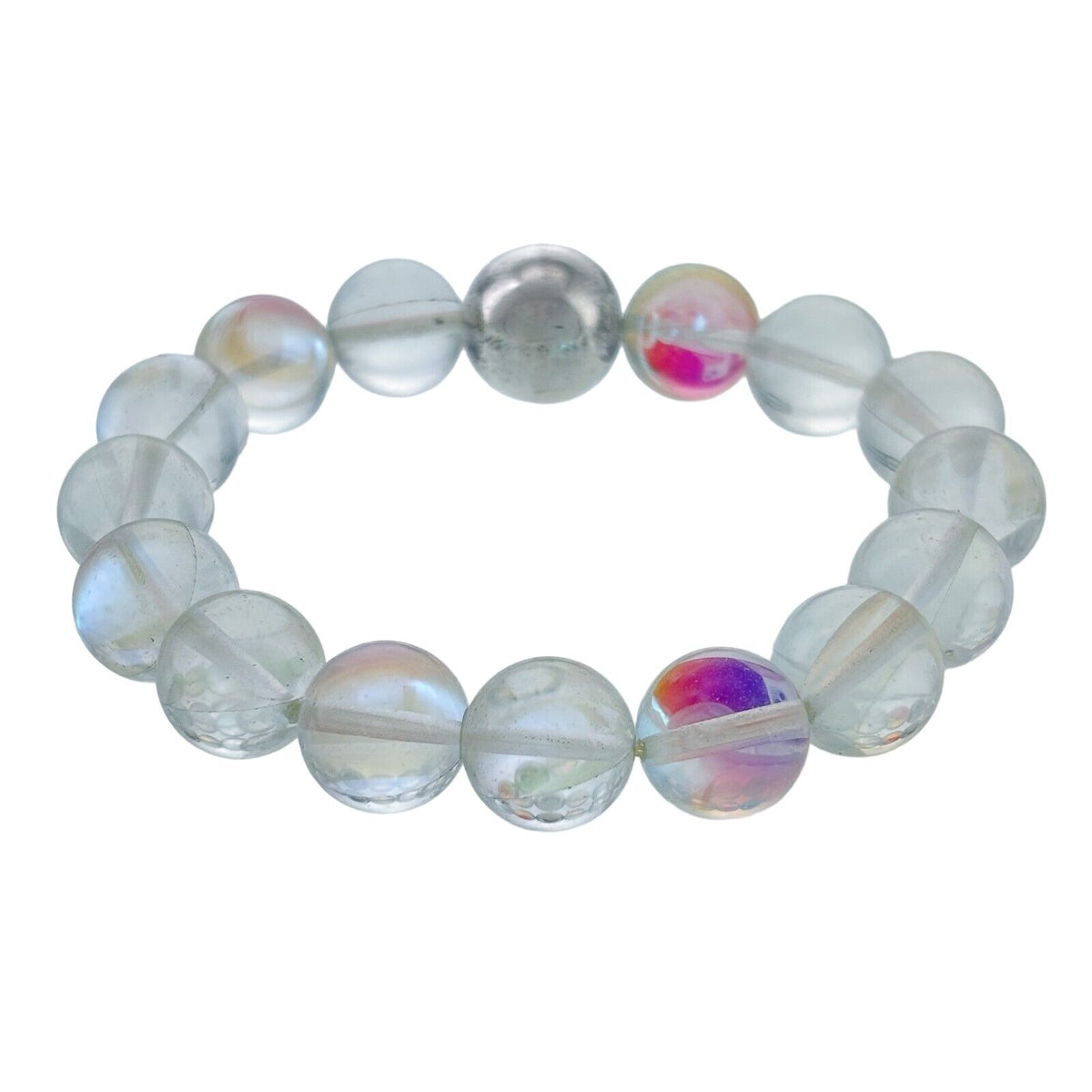 Vintage Silver-Tone Opalescent Frosted Glass Bead Stretch Bracelet 6.25"