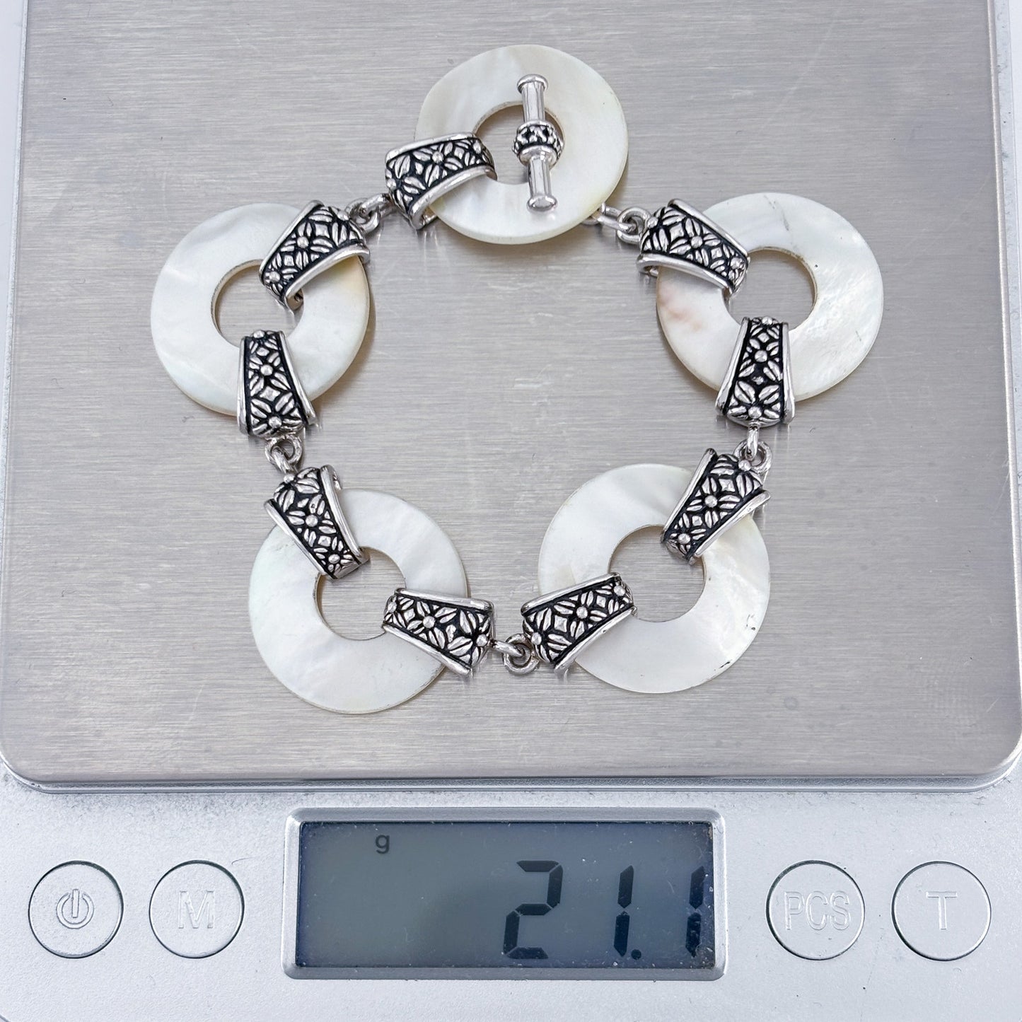 Vintage Sterling Silver 925 Mother of Pearl Disk Toggle Bracelet 6"