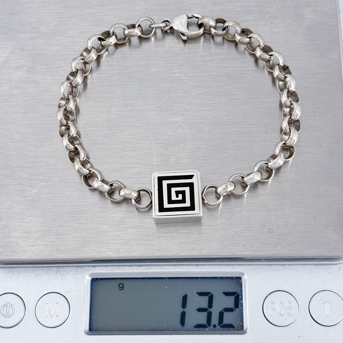 Vintage Sterling Silver 925 Onyx Square Spiral Bracelet 7"